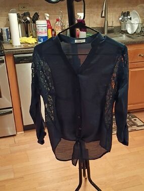 mine Navy Lace-Trim Tie-Front Blouse